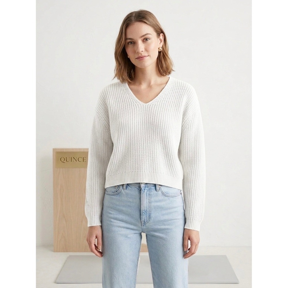 Quince Organic Cotton Fisherman V-Neck Sweater Ivory White Shaker Knit SGK001 S